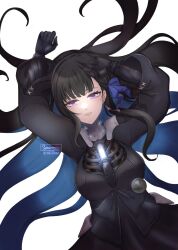 Rule 34 | 1girl, artist name, black dress, black hair, blue hair, colored inner hair, dated, dress, earrings, highres, jewelry, long hair, long sleeves, looking at viewer, lying, mechanical arms, mechanical parts, multicolored hair, punishing: gray raven, purple eyes, purple ribbon, ribbon, selena: tempest (punishing: gray raven), selena (punishing: gray raven), senescence, solo, very long hair, watermark, white background