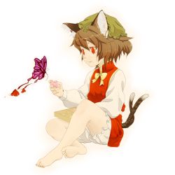 Rule 34 | 1girl, animal ears, bad id, bad pixiv id, barefoot, brown hair, bug, butterfly, cat ears, cat girl, cat tail, chen, dress, earrings, feet, female focus, full body, gradient background, hat, hikarinoko, insect, jewelry, multiple tails, red eyes, short hair, solo, tail, touhou, underwear, white background