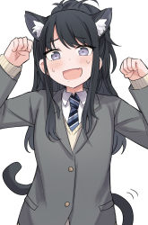 Rule 34 | animal ears, beige sweater, black hair, blazer, blush, breasts, cat ears, cat tail, clenched hands, commentary request, embarrassed, fake animal ears, fake tail, fang, gougoku, grey eyes, grey jacket, highres, idolmaster, idolmaster shiny colors, jacket, kazano hiori, long hair, looking at viewer, mole, mole under mouth, necktie, paw pose, ponytail, shirt, small breasts, smile, solo, sweat, tail, upper body, white background, white shirt, wing collar