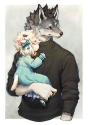 Rule 34 | 1boy, 1girl, animal ears, black sweater, blue dress, blue footwear, blush, border, bow, brown eyes, child, closed eyes, clothes grab, dress, frilled dress, frills, furry, furry female, furry male, grey background, hair bow, highres, holding, horns, kemonomichi (blue black), original, sheep ears, sheep tail, shoes, signature, sleeping, sweater, tail, turtleneck, turtleneck sweater, white border, white hair, wolf ears