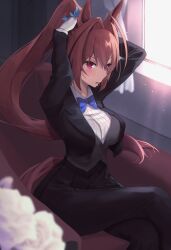 Rule 34 | 1girl, adjusting hair, animal ears, arms up, black jacket, black pants, blue vest, blurry, blurry foreground, bow, bowtie, breasts, brown hair, collared shirt, commentary request, cowboy shot, crossed legs, curtains, daiwa scarlet (umamusume), formal, gloves, hair intakes, highres, horse ears, horse girl, horse tail, indoors, jacket, large breasts, light particles, long hair, long sleeves, open clothes, open jacket, open mouth, pant suit, pants, ponytail, puff of air, rain yadori, red eyes, shirt, sitting, small breasts, solo, suit, tail, umamusume, v-shaped eyebrows, vest, white gloves, white shirt, window