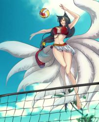 Rule 34 | 1girl, adapted costume, ahri (league of legends), animal ears, ball, beach volleyball, bell, black hair, cloud, day, feet, fox ears, fox tail, highres, korean clothes, league of legends, long hair, monzuki, multiple tails, playing sports, tail, tree, volleyball, volleyball (object)