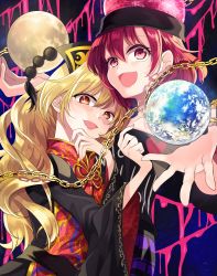 Rule 34 | 2girls, :d, blonde hair, chain, collar, dress, earth (ornament), hat, hecatia lapislazuli, highres, junko (touhou), katayama kei, long hair, looking at viewer, moon (ornament), multiple girls, open mouth, outstretched hand, red eyes, red hair, short hair, smile, touhou