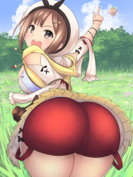 1girl ass atelier_(series) atelier_ryza bare_shoulders black_ribbon blush breasts brown_eyes brown_hair fang female_focus from_behind grass hair_ornament hairclip hat highres huge_ass large_breasts looking_at_viewer looking_back minazuki_minao open_mouth pointing red_shorts reisalin_stout ribbon shiny_skin short_hair short_shorts shorts sideboob smile solo