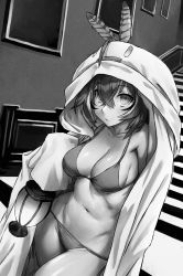 Rule 34 | 1girl, bikini, breasts, brown lady of raynham hall, cloak, collarbone, feather hair ornament, feathers, ghost costume, greyscale, hair between eyes, hair ornament, haraya manawari, highres, holding, holding lantern, hololive, hololive english, lantern, medium breasts, monochrome, nanashi mumei, navel, solo, stairs, swimsuit, virtual youtuber, wide hips