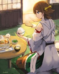 Rule 34 | 10s, 1girl, bare shoulders, boots, bowl, brown hair, chabudai (table), detached sleeves, fish, fish (food), food, green skirt, grilled fish, headgear, hiei (kancolle), japanese clothes, kantai collection, lansane, nontraditional miko, ribbon-trimmed sleeves, ribbon trim, rice, short hair, shouji, sitting, skirt, sliding doors, smile, solo, soup, steam, table, tatami, thigh boots, thighhighs, wooden spoon