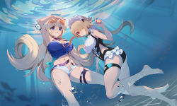 Rule 34 | 2girls, absurdres, air bubble, arm up, barefoot, belt, bianka durandal ataegina, bianka durandal ataegina (valkyrie gloria), blonde hair, blue eyes, breasts, bubble, chinese commentary, cleavage, commentary request, fish, grin, hair between eyes, hair ornament, hair over one eye, highres, honkai (series), honkai impact 3rd, large breasts, long hair, looking at viewer, maid headdress, multiple girls, navel, o-ring, o-ring top, one-piece swimsuit, red eyes, ripples, rita rossweisse, rita rossweisse (phantom iron), school of fish, shirt, short hair, smile, swimsuit, thigh strap, tied shirt, underwater, unzipped, very long hair, water, wucanming