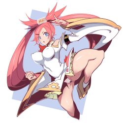Rule 34 | 1girl, arc system works, blue eyes, breasts, don ten usagi, dress, fighting stance, guilty gear, highres, kuradoberi jam, leg up, long hair, nipples through clothes, panties, pink hair, thick thighs, thighs, twintails, underwear, white dress
