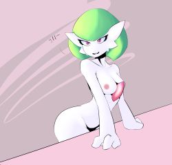 Rule 34 | 1girl, absurdres, arm support, ass, breasts, collarbone, creatures (company), english text, female focus, game freak, gardevoir, gen 3 pokemon, green hair, highres, leaning forward, marbearis, medium breasts, navel, nintendo, nipples, nude, open mouth, pokemon, pokemon (creature), pokemon rse, red eyes, short hair, simple background, smile, solo, teeth, text focus