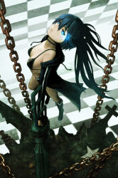Rule 34 | 10s, 1girl, arm cannon, bikini, bikini top only, black bikini, black hair, black rock shooter, black rock shooter (character), boots, breasts, chain, checkered background, coat, female focus, full body, kotaro (kotaillust), long hair, scar, solo, swimsuit, twintails, weapon