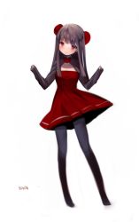 Rule 34 | 1girl, artist name, bad id, bad pixiv id, black pantyhose, blush, brown hair, bun cover, double bun, dress, full body, hair bun, heart, long hair, looking at viewer, original, pantyhose, red eyes, signature, simple background, sleeves past wrists, smile, solo, sukja, white background