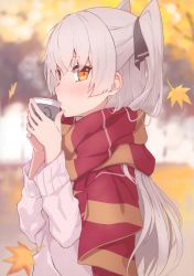 Rule 34 | 1girl, absurdres, amatsukaze (kancolle), autumn, autumn leaves, black ribbon, blush, cup, day, fingernails, from side, hair between eyes, hair ribbon, highres, holding, holding cup, kantai collection, leaf, long hair, long sleeves, looking at viewer, maple leaf, orange eyes, outdoors, ribbon, scan, scarf, sidelocks, silver hair, solo, sweater, takanashi kei (hitsujikan), upper body, very long hair