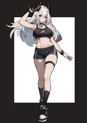 Rule 34 | 1girl, alternate costume, arknights, arm up, bare arms, bare shoulders, black choker, black footwear, black shorts, black socks, breasts, choker, commentary, crop top, full body, hammer, highres, holding, holding hammer, holding weapon, horns, infection monitor (arknights), large breasts, long hair, looking at viewer, material growth, midriff, mudrock (arknights), navel, oripathy lesion (arknights), pointy ears, red eyes, shoes, short shorts, shorts, sidelocks, socks, solo, sports bra, standing, stomach, thigh strap, thighs, very long hair, weapon, white hair, wristband, yan kodiac
