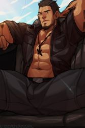 Rule 34 | 1boy, abs, bara, beard, bulge, cross, cross necklace, dark-skinned male, dark skin, facial hair, feet out of frame, final fantasy, final fantasy xv, gladiolus amicitia, grey pants, jacket, jewelry, jimsdaydreams, large pectorals, leather, leather jacket, looking at viewer, male focus, mature male, muscular, muscular male, navel, necklace, nipples, open clothes, open jacket, pants, pectoral cleavage, pectorals, scar, scar across eye, scar on face, short hair, sideburns, solo, spread legs, stomach, stubble, thick thighs, thighs