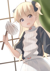 Rule 34 | 1girl, :o, absurdres, apron, black bow, blonde hair, blue eyes, blunt bangs, blush, bow, commentary, dress, emilico (shadows house), hair bow, highres, long hair, looking at viewer, open mouth, ryoku sui, shadows house, solo, standing, two side up, upper body, window