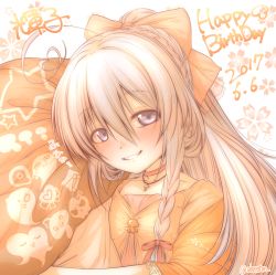 Rule 34 | 10s, 1girl, ahoge, alternate costume, alternate hairstyle, bed sheet, birthday, blouse, blush, bow, braid, character name, choker, collarbone, dated, eberoton, flower, food, fruit, ghost, grey eyes, grin, hair between eyes, hair bow, happy birthday, heart, heart ahoge, hoshi syoko, idolmaster, idolmaster cinderella girls, jewelry, lace-trimmed sleeves, lace trim, long hair, looking at viewer, mushroom, necklace, orange (fruit), orange bow, orange choker, orange shirt, orange theme, pillow, ponytail, shirt, silver hair, skull, smile, solo, star (symbol), teeth, twitter username, upper body, white background