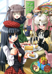 Rule 34 | 3girls, absurdres, black gloves, black hair, black ribbon, black shirt, black skirt, blue eyes, blush, box, brown hair, cake, cat, choker, closed eyes, dress, elbow gloves, embarrassed, food, forest, fork, gift, gift box, gloves, gothic lolita, green dress, hair between eyes, hair ornament, hair ribbon, hat, highres, hime cut, holding, holding fork, indoors, lolita fashion, long hair, looking down, multiple girls, nature, necktie, noritama (gozen), open mouth, original, red eyes, red hat, red neckwear, red skirt, ribbon, ribbon choker, shirt, short sleeves, silver hair, skirt, twintails, white shirt, wooden floor