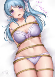 Rule 34 | 1girl, arms behind back, bad id, bad pixiv id, bang dream!, bare shoulders, blue hair, blush, bound, bra, breasts, check commentary, cleavage, collarbone, commentary, commentary request, cowboy shot, groin, hair between eyes, hair ribbon, hapushilu, highres, light blue hair, long hair, looking at viewer, lying, matsubara kanon, medium breasts, midriff, navel, on back, one side up, open mouth, panties, purple bra, purple eyes, purple panties, ribbon, sidelocks, signature, solo, tearing up, tied up, translation request, underwear