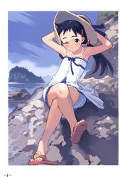 Rule 34 | 1girl, absurdres, armpits, black hair, child, day, dress, feet, flat chest, hat, highres, crossed legs, ocean, one eye closed, rock, sandals, sitting, solo, straw hat, sundress, takamichi, twintails, wind, wink