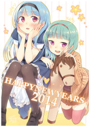 Rule 34 | 10s, 2014, 2girls, :d, black legwear, blue hair, blush, chinese zodiac, dress, green hair, hairband, hands on own cheeks, hands on own face, happy new year, horse, loafers, long hair, magellan (zpolice), multiple girls, new year, open mouth, original, pantyhose, purple eyes, red eyes, red legwear, shoes, short hair, smile, spica (zpolice), stuffed animal, stuffed horse, stuffed toy, sweater, thighhighs, zpolice