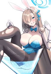 Rule 34 | 1girl, animal ears, asuna (blue archive), asuna (bunny) (blue archive), blue archive, blue eyes, blue ribbon, breasts, brown hair, brown pantyhose, cleavage, clenched teeth, cup, drinking glass, elbow gloves, fake animal ears, gloves, hair over one eye, hair ribbon, halo, highres, large breasts, leotard, long hair, looking at viewer, otakummm, pantyhose, playboy bunny, rabbit ears, ribbon, simple background, smile, solo, teeth, torn clothes, torn pantyhose, very long hair, white background, white gloves