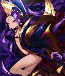 Rule 34 | 1girl, :p, anklet, ass, bad id, bad twitter id, bare legs, bare shoulders, breasts, choker, cleavage, closed mouth, earrings, facial mark, fate/grand order, fate (series), feet out of frame, forehead mark, from side, hair ornament, headdress, japanese clothes, jewelry, kimono, long hair, looking at viewer, navel, necklace, off shoulder, purple eyes, purple hair, sandals, small breasts, smile, solo, soya (torga), star (symbol), starry background, tongue, tongue out, very long hair, wu zetian (fate)