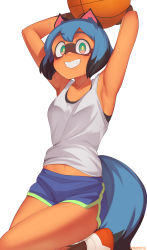 Rule 34 | 1girl, absurdres, animal ears, armpits, arms up, artist name, bad id, bad pixiv id, ball, bare arms, bare shoulders, basketball, basketball (object), black hair, blue eyes, blue hair, blue shorts, body fur, brand new animal, breasts, collarbone, commentary, furry, furry female, grin, gym shorts, highres, holding, holding ball, kagemori michiru, looking at viewer, midriff peek, once 11h, open mouth, raccoon ears, raccoon girl, raccoon tail, shirt, shoes, short hair, short shorts, shorts, simple background, small breasts, smile, solo, sports bra, tail, tank top, teeth, white background, white shirt