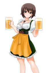 Rule 34 | 10s, 1girl, alternate costume, apron, beer mug, blush, brown eyes, brown hair, commentary, cowboy shot, cross, cup, dirndl, dress, dual wielding, german clothes, girls und panzer, holding, jewelry, looking at viewer, matsui yasutsugu, mug, necklace, nishizumi maho, oktoberfest, short hair, solo, standing, underbust, white background