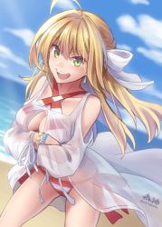 Rule 34 | 10s, 1girl, ahoge, artist name, bare shoulders, beach, bead bracelet, beads, bikini, bikini under clothes, blonde hair, blue sky, bracelet, braid, breasts, cleavage, cleavage cutout, clothing cutout, cloud, collarbone, crossed arms, day, dress, earrings, fate/extra, fate/grand order, fate (series), french braid, gown, green eyes, hair ribbon, halterneck, hip focus, jewelry, long hair, looking at viewer, medium breasts, morigami (morigami no yashiro), nero claudius (fate), nero claudius (fate) (all), nero claudius (swimsuit caster) (fate), nero claudius (swimsuit caster) (third ascension) (fate), ocean, open mouth, outdoors, puffy sleeves, red bikini, ribbon, see-through, shoulder cutout, side-tie bikini bottom, sky, smile, solo, striped bikini, striped clothes, swimsuit, thighs, white ribbon, wind, wind lift