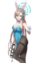 Rule 34 | 1girl, :d, absurdres, animal ears, aqua bow, aqua bowtie, aqua leotard, armpits, asuna (blue archive), asuna (bunny) (blue archive), bare shoulders, bekusi3250, black pantyhose, blue archive, blue eyes, bow, bowtie, breasts, bullpup, cleavage, clenched teeth, collarbone, commentary request, covered navel, curled fingers, eyelashes, fake animal ears, gloves, gun, hair ornament, hair ribbon, halo, hand up, headband, highleg, highleg leotard, highres, holding, holding gun, holding weapon, large breasts, leotard, long hair, looking back, mole, mole on breast, no bra, official alternate costume, open mouth, pantyhose, parted bangs, platinum blonde hair, playboy bunny, ribbon, simple background, smile, solo, standing, standing on one leg, strapless, strapless leotard, teeth, traditional bowtie, very long hair, weapon, white gloves, white headband