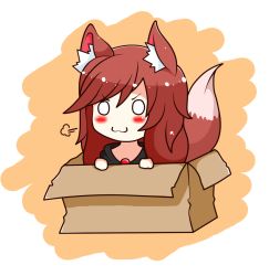 Rule 34 | 1girl, animal ears, blush, box, cardboard box, chibi, for adoption, imaizumi kagerou, in box, in container, long hair, mujib, red hair, tail, touhou, transparent background
