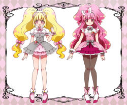 Rule 34 | 2girls, blonde hair, bow, brooch, frills, full body, grey bow, hair bow, hairband, half updo, heart, heart brooch, jewelry, kagami chihiro, long hair, low-tied long hair, magical girl, multiple girls, original, pantyhose, pink bow, pink eyes, pink hair, pink skirt, precure, shoes, skirt, smile, standing, twintails, wrist cuffs