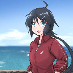 Rule 34 | 1girl, ahoge, alternate costume, black hair, blue eyes, blue sky, cloud, commentary request, day, hair ornament, hairclip, highres, horizon, jacket, kako (kancolle), kantai collection, long hair, low ponytail, ocean, one-hour drawing challenge, outdoors, parted bangs, ponytail, red jacket, sky, smile, solo, sosser, track jacket, upper body