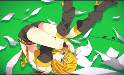 Rule 34 | blonde hair, blue eyes, boots, detached sleeves, hair ornament, hairclip, haru (oomr005), highres, kagamine rin, knee boots, midriff, navel, paper, short hair, solo, vocaloid