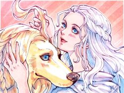 Rule 34 | 1girl, afghan hound, animal, blue eyes, blush, border, braid, braiding hair, commentary, dog, final fantasy, final fantasy xiv, from side, hairdressing, half updo, hood, hood down, leki ixion, long hair, open mouth, outline, outside border, petting, pink background, portrait, signature, single braid, smile, striped, striped background, twitter username, venat (ff14), wavy hair, white border, white hair, white outline
