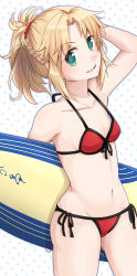 Rule 34 | 1girl, absurdres, bare shoulders, bikini, blonde hair, blue eyes, braid, breasts, fate/apocrypha, fate/grand order, fate (series), highres, long hair, midriff, mordred (fate), mordred (fate/apocrypha), mordred (swimsuit rider) (fate), navel, open mouth, ponytail, swimsuit