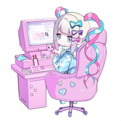 Rule 34 | 1girl, blister pack, blonde hair, blue bow, blue eyes, blue hair, blue shirt, blunt bangs, bow, cellphone, chair, chibi, chouzetsusaikawa tenshi-chan, closed mouth, commentary, cursor, desk, full body, gaming chair, hair bow, hair ornament, heart, heart hair ornament, highres, computer keyboard, long hair, long sleeves, looking at viewer, looking back, monitor, multicolored hair, needy girl overdose, phone, pien cat (needy girl overdose), pink bow, pink hair, purple bow, quad tails, sailor collar, shirt, simple background, sitting, smartphone, solo, swivel chair, symbol-only commentary, twintails, user interface, very long hair, white background, window (computing), xwm