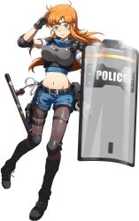 Rule 34 | 1girl, baton (weapon), belt, belt buckle, black belt, black footwear, blue shorts, breasts, buckle, chris (langrisser), closed mouth, crop top, elbow pads, fingerless gloves, full body, gloves, grey gloves, grey pantyhose, groin, gun, handgun, highres, holster, knee pads, langrisser, large breasts, pantyhose under shorts, long hair, looking at viewer, midriff, navel, official art, orange hair, pantyhose, police, police uniform, policewoman, salute, shield, shiny clothes, shiny legwear, short shorts, short sleeves, shorts, shoulder pads, smile, solo, stomach, straight hair, thigh holster, transparent background, uniform, weapon