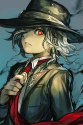 Rule 34 | 1boy, black hat, blue background, ears visible through hair, edmond dantes (fate), edmond dantes (first ascension) (fate), fate/grand order, fate (series), green hair, hat, holding, holding neckwear, hungry clicker, looking at viewer, male focus, red eyes, short hair, solo