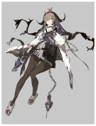 Rule 34 | 1girl, absurdres, arknights, bad id, bad twitter id, black pantyhose, brown hair, chain, closed mouth, flower, flower on head, highres, horns, jacket, miniskirt, pallas (arknights), pantyhose, ryne 25, single horn, sketch, skirt, solo, weapon, white jacket