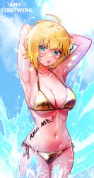 Rule 34 | 1girl, :p, absurdres, ahoge, amy strickland, armpits, arms behind head, arms up, art undertaker, bare arms, bikini, blonde hair, blue eyes, blue sky, blush, body writing, breasts, character name, cleavage, closed mouth, cloud, collarbone, commentary, counter:side, cowboy shot, day, english commentary, gold bikini, highres, large breasts, long eyelashes, looking at viewer, medium hair, navel, presenting armpit, side-tie bikini bottom, sky, solo, sparkle, sparkling water, splashing, standing, stomach, swimsuit, tongue, tongue out, underboob, v-shaped eyebrows, variant set, wading, water, water drop, wet, wet clothes, wet swimsuit