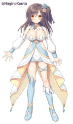 Rule 34 | 1girl, asymmetrical footwear, bare shoulders, black hair, blue flower, blue footwear, blush, boots, breasts, brown eyes, brown flower, cleavage, closed mouth, commission, detached sleeves, dress, flower, full body, hagino kouta, hair between eyes, hair flower, hair ornament, highres, knee boots, large breasts, long sleeves, looking at viewer, one side up, original, parted bangs, puffy long sleeves, puffy sleeves, simple background, skeb commission, smile, solo, standing, twitter username, white background, white dress, white sleeves