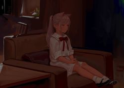 Rule 34 | 1girl, animal ears, armchair, artist name, cat ears, chair, child, dress, feiqizi (fkey), fkey, looking away, mary janes, original, ponytail, red eyes, shoes, silver hair, sitting, solo, white dress