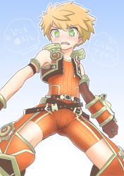Rule 34 | 1boy, artist request, blush, bodysuit, character request, cosplay, crotchless, crotchless pants, gloves, male focus, nintendo, orange hair, rex (xenoblade), rex (xenoblade 2) (cosplay), short hair, simple background, solo, translation request, xeno (series), xenoblade chronicles (series), xenoblade chronicles 2, xenoblade chronicles (series), xenoblade chronicles 2