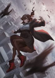 Rule 34 | 1girl, belt, bird, black coat, black hair, black pantyhose, black skirt, boots, building, city, cityscape, coat, day, female focus, flying, hair intakes, high-waist skirt, highres, long coat, looking down, motion blur, original, outdoors, overcast, pantyhose, parted lips, ponytail, red eyes, red footwear, shirt tucked in, skirt, sky, skyscraper, solo, toxic ghost