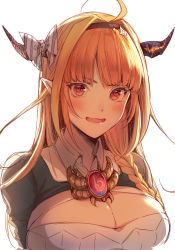 Rule 34 | 1girl, 428 itsuki, ahoge, asymmetrical hair, backlighting, black jacket, blonde hair, blush, bow, braid, breasts, brooch, cleavage, cleavage cutout, clothing cutout, collared shirt, commentary, diagonal-striped bow, dragon horns, dress shirt, fang, hairband, highres, hololive, horn bow, horn ornament, horns, jacket, jewelry, kiryu coco, kiryu coco (1st costume), large breasts, long hair, looking at viewer, multicolored hair, open mouth, orange hair, pointy ears, red eyes, shirt, side braid, simple background, single braid, skin fang, slit pupils, smile, solo, streaked hair, two-tone hair, upper body, virtual youtuber, white background, white shirt, wing collar