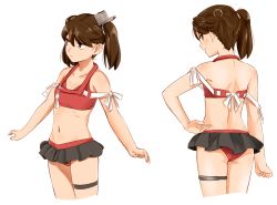Rule 34 | 10s, 1girl, adapted costume, arm ribbon, bad id, bad pixiv id, bikini, brown eyes, brown hair, halterneck, hand on own hip, kantai collection, long hair, looking back, microskirt, midriff, multiple views, navel, ojipon, ribbon, ryuujou (kancolle), simple background, skirt, swimsuit, thigh strap, twintails, white background