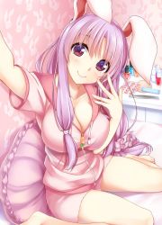 Rule 34 | 1girl, alternate costume, animal ears, animal print, bare legs, barefoot, breasts, cleavage, closed mouth, contemporary, drawstring, fingernails, hair ornament, hair scrunchie, head tilt, hisae (hisae collect), indoors, large breasts, long hair, looking at viewer, makeup, on bed, pillow, pink hair, rabbit ears, rabbit print, reaching, reaching towards viewer, red eyes, reisen udongein inaba, scrunchie, selfie, sitting, smile, solo, touhou, very long hair, wallpaper (object)