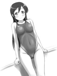 Rule 34 | 1girl, aragaki ayase, arena (company), blush, breasts, competition swimsuit, covered navel, dutch angle, covered erect nipples, greyscale, highleg, highleg swimsuit, long hair, looking at viewer, monochrome, one-piece swimsuit, ore no imouto ga konna ni kawaii wake ga nai, sitting, skin tight, smile, swimsuit, thigh gap, tk4