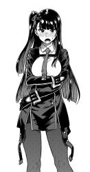 Rule 34 | 1girl, collared shirt, contrapposto, embarrassed, girls&#039; frontline, gloves, greyscale, highres, jacket, long sleeves, looking at viewer, monochrome, necktie, one side up, open mouth, pantyhose, shirt, simple background, solo, tachibana roku, wa2000 (girls&#039; frontline), white background, wing collar